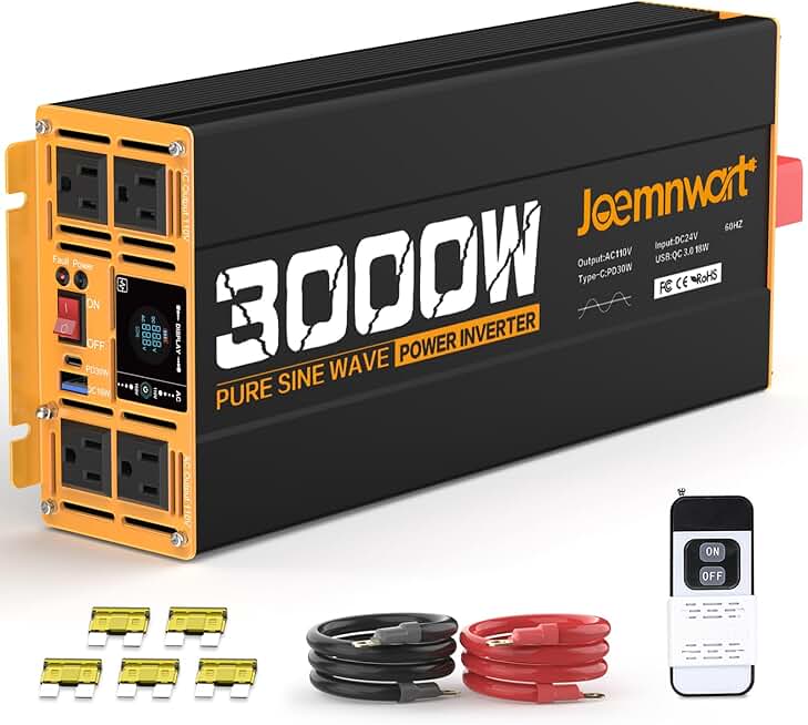 3000W Pure Sine Wave Inverter 24V DC to 110V 120V AC Converter for RV Truck Home Off-Grid Solar Power Inverter with Type-C PD30W/USB Port QC3.0 Quick Charging, 4 AC Outlets, Remote Control