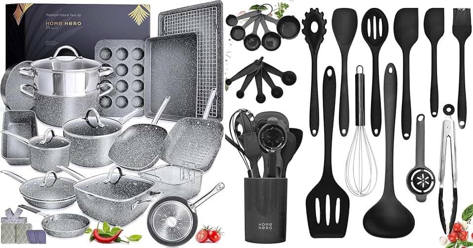Home Hero 23 Pcs Pots and Pans Set Nonstick + 22 Pcs Solid Silicone Utensils Set