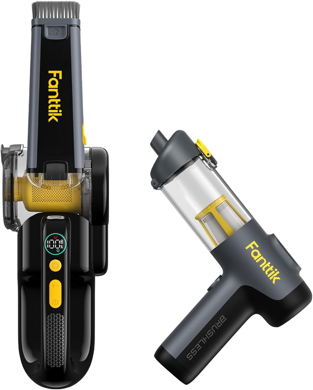 Fanttik 17000Pa Fold V10 Apex Pivot Car Vacuum (Deluxe with Flexible Hose&Pet Brush) and V9 Mix Handheld Vacuum