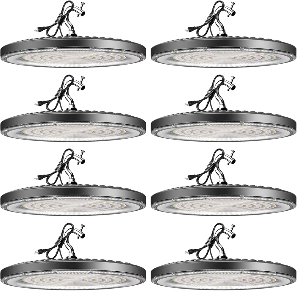 Upgrade 100W LED High Bay Light 14000lm (Eqv. 400W HPS) UFO High Bay Shop Light, High Bay Lighting Suit for 15-30FT Height Warehouse/Barn-8Pack 5Yrs Warranty