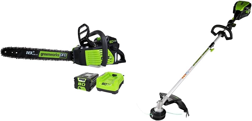 Greenworks 80V 18-Inch Brushless Chainsaw, 2.0Ah Battery and Rapid Charger Included GCS80420 & 80V 16-Inch String Trimmer (Attachment Capable), Battery Not Included GST80320