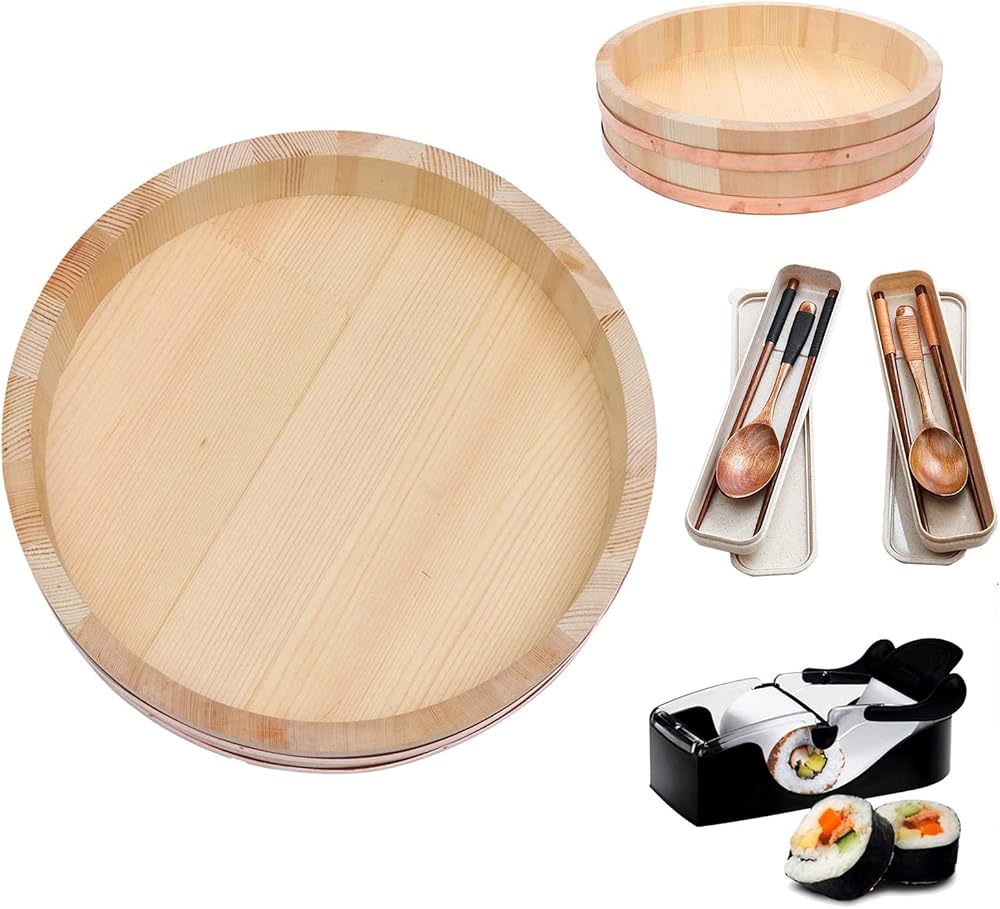 12 Sizes Wooden Hangiri Sushi Oke Rice Mixing Bowl Tub Copper Band with Sushi Roll Machine and 2 Tableware Set for Sushi Restaurant,66cm/26in