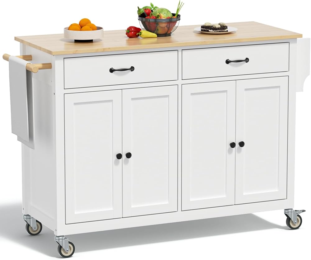 Kitchen Island On Wheels White Rolling Kitchen Island with Storage Portable Island for Kitchen Dining Room Mobile Kitchen Island with Drawers Cabinet Spice Rack Towel Rack