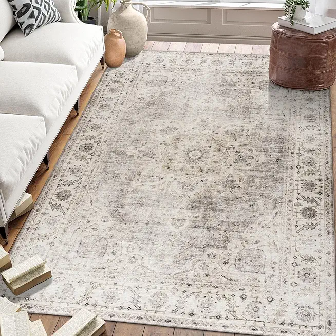 ReaLife Machine Washable Area Rug - Living Room Bedroom Bathroom Kitchen Entryway Office - Padded Low Pile Stain Resistant Premium - Boho Farmhouse Vintage - Joy - Beige Ivory 7'6