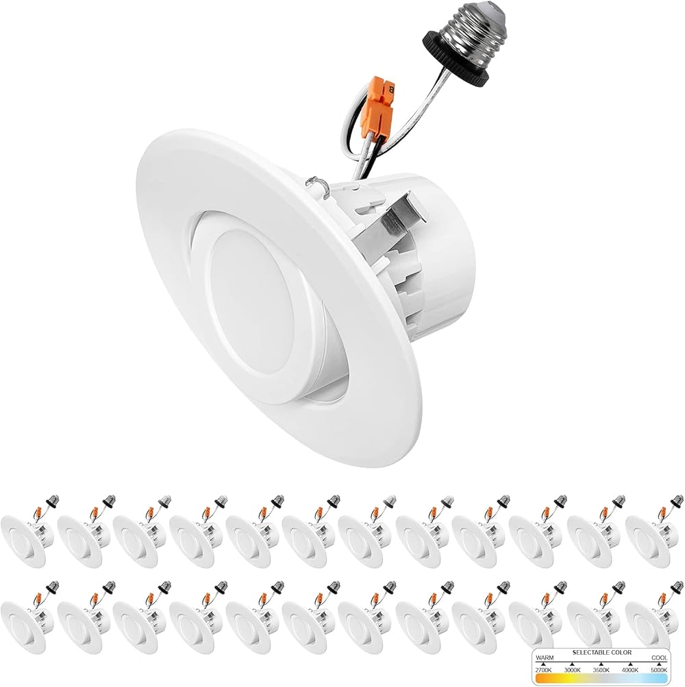 4 Inch 24 Pack White Trim Retrofit Gimbal LED Recessed Downlight, High Lumen, 750lm, 10W, Selectable 5CCT 2700K,3000K,3500K,4000K,5000K Dimmable, Adjustable Lens Eyeball Light, ETL Listed