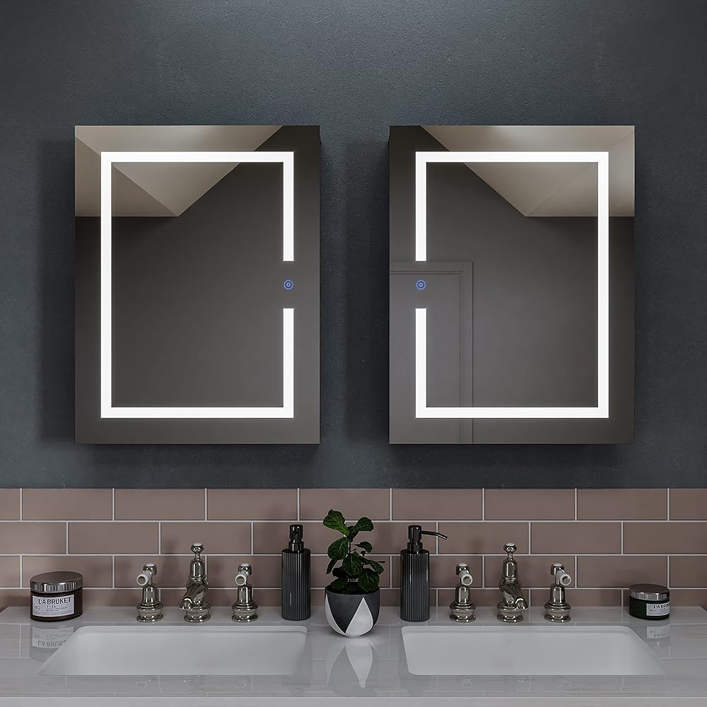 Croydex Caballo LED Aluminum Bathroom Storage Vanity Mirror with Lights Easy to Fit Hang 'N' Lock Bracket Recessed or Surface Mount Medicine Cabinet Organizer, 20W x 26H