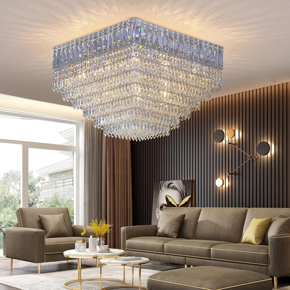 12 Lights 6 Tier Crystal Flush Mount Close to Ceiling Lighting Fixture K9 Crystal Chandelier Chrome Raindrop Light Fixtures E12 D19.68 x H13.7 for Living Room Bedroom Hallway Foyer Corridor