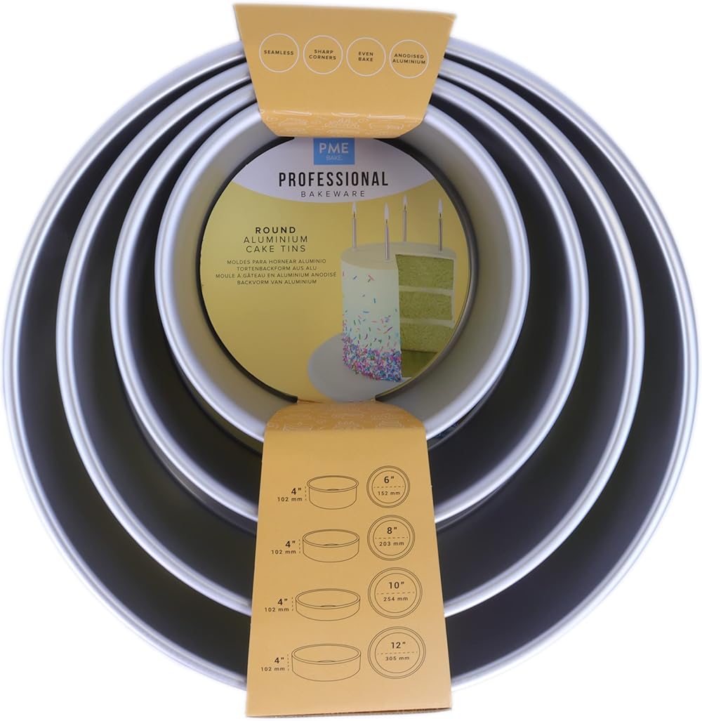 PME Round Cake Pans 6, 8, 10, 12-Inch x 4-Inch Deep, Set of 4,RNDB6810124,Silver