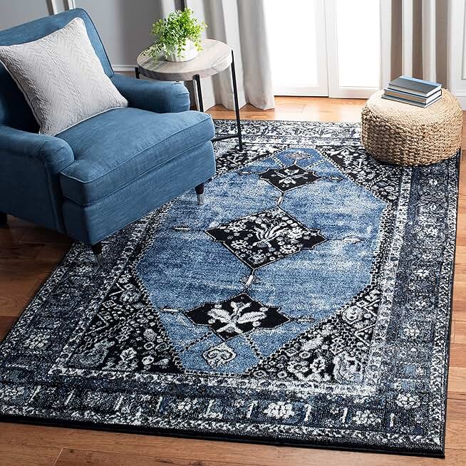 SAFAVIEH Vintage Hamadan Collection Area Rug - 9' x 12', Blue & Grey, Oriental Traditional Persian Design, Non-Shedding & Easy Care, Ideal for High Traffic Areas in Living Room, Bedroom (VTH217M)