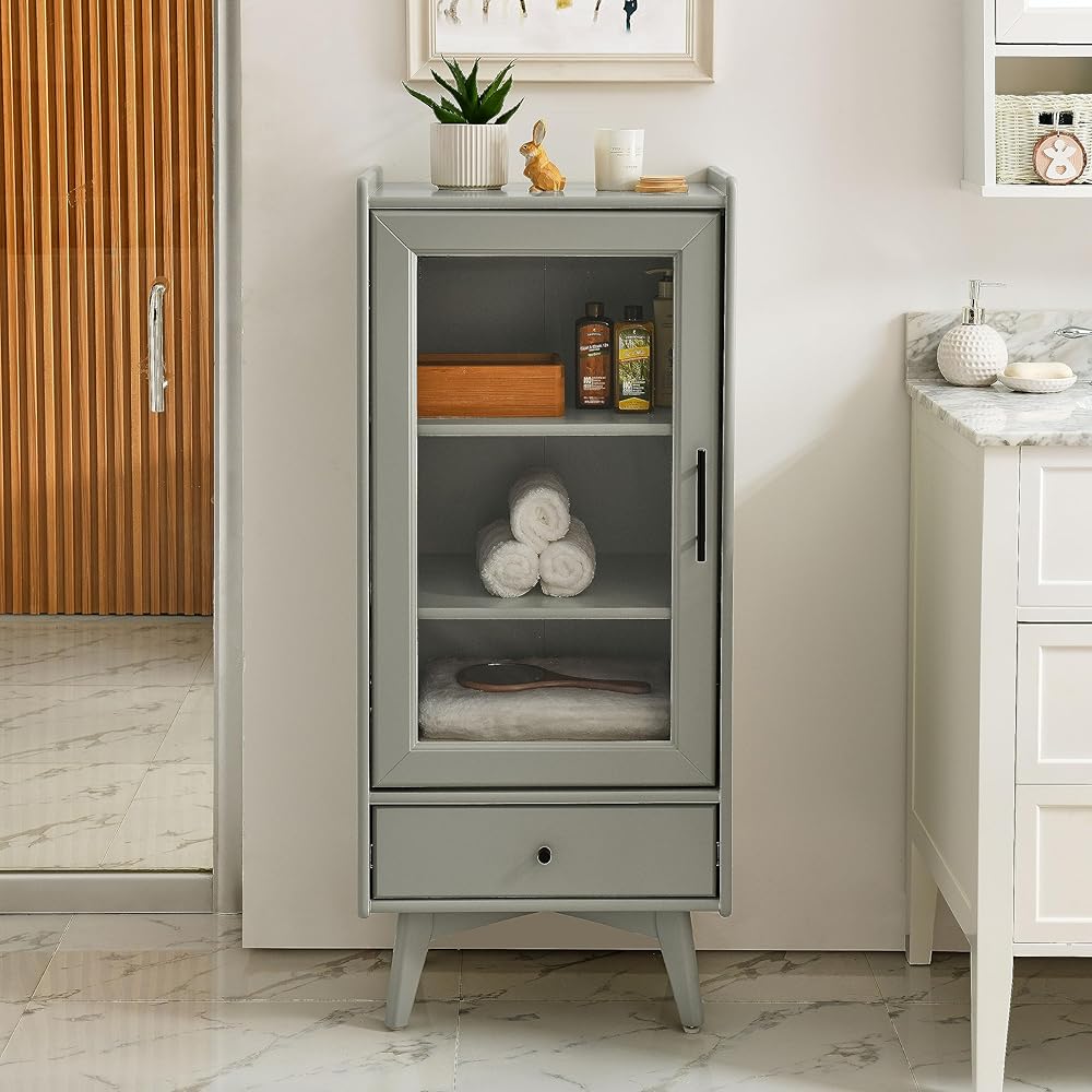 Modern Bathroom Storage Cabinet & Floor Standing cabinet with Glass Door with Double Adjustable Shelves and One Drawer, Extra Storage Space on Top, Gray(19.75