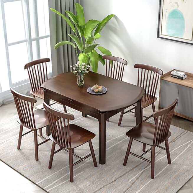 Modern Solid Wood Round&Rectangular Dining Room Table Set Space-Saving Design Variable Shape Dining Table Furniture Kitchen Table and Chairs for 6 - 7 Piece Set Walnut 47.2