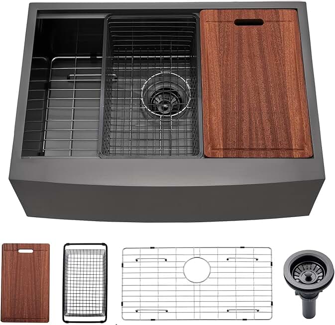 30 Inch Black Undermount Farmhouse Kitchen Sink, 30 x 22 x 10 Inch Farm Workstation Kitchen Sink 16 Gauge Stainless Steel Apron Front Black Kitchen Sink with Accessories