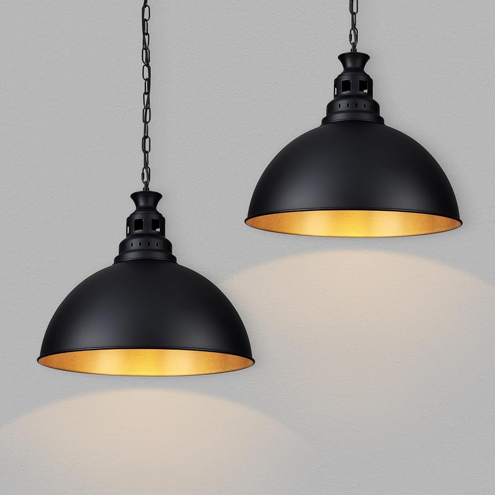 2 Pieces Pendant Lights Kitchen Island, 17.7 inch Farmhouse Black and Gold Dome Large Pendant Lighting, Industrial Hanging Ceiling Light for Dining Room Hallway Bar Foyer
