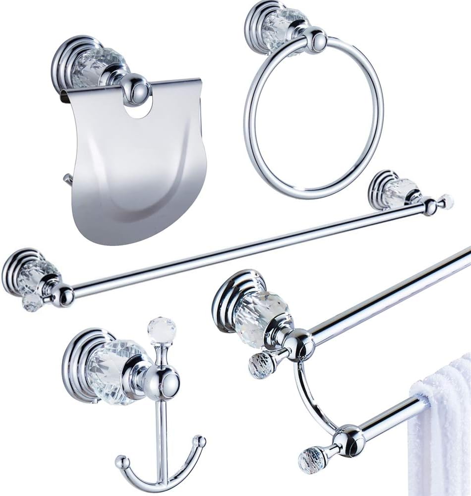 WINCASE Bathroom Hardware Set Chrome, Crystal Bathroom Accessories, Wall Mounted Silver Bathroom Hardware 5-Piece Crystal Towel Hook Rack Hand Towel Ring, Chrome Towel Bar-24 Inch Set