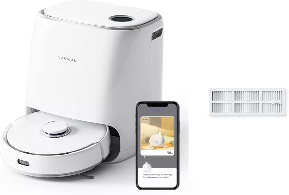 NARWAL Freo Robot Vacuum and Mop Comb with Filter*2. Washing & Drying, Dirt Sense Ultra Clean, Auto Add Cleaner, LCD Display, Smart Swing, Arcuate-Route, WiFi, APP Control, White
