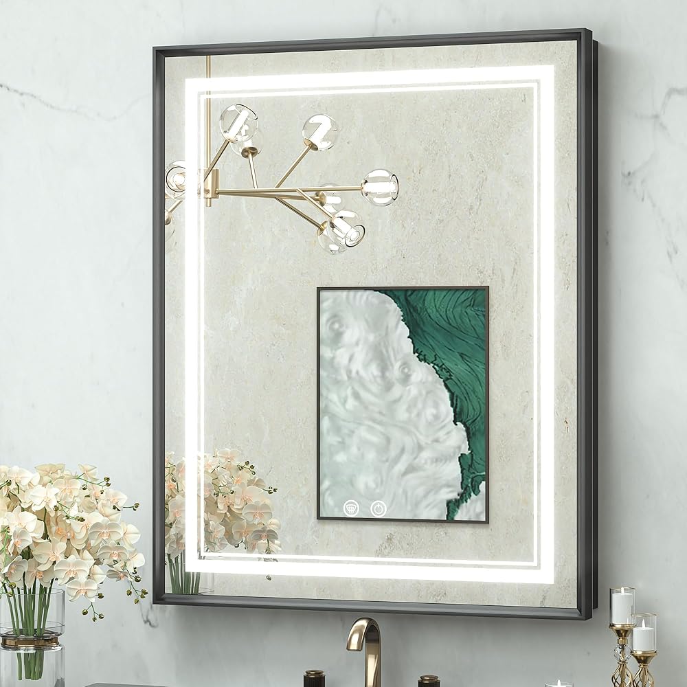 TokeShimi 24x30 Recessed Medicine Cabinet with Lights Mirror, 3-Color Stepless Dimmable LED Mirror Medicine Cabinet Defog, in Wall Medicine Cabinet with 2 Electrical Outlets, 1 Door