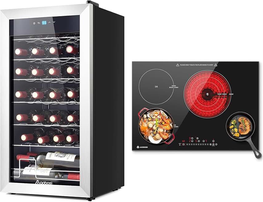 AAOBOSI 30 Inch Electric Cooktop,4 Burners 8700W Induction&Ceramic Built-in Electric Stove, Wine Fridge, 28 Bottle Wine Cooler 46-66℉ Beverage Wine Refrigerator, Glass Door Free Standing