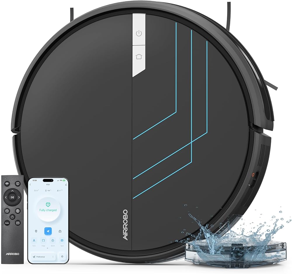 AIRROBO Robot Vacuum and Mop, 3000Pa Strong Suction Power Vacuum Mop Robot, Wi-Fi/App/Alexa, Self-Charging Robotic Vacuum for Hard Floor, Pet Hair and Low-piled Carpet, Slim Design, Quiet，P30