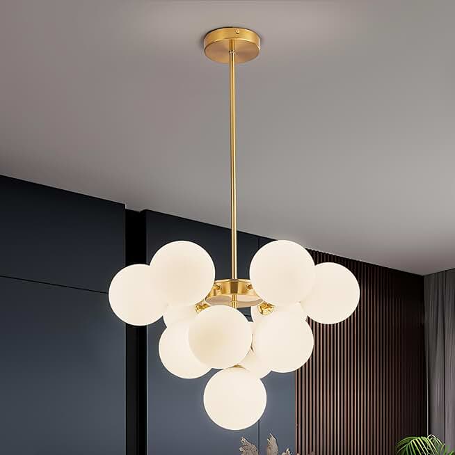 Modern Mid-Century Style Multi-Light Glass Globe Chandelier Collection: 11-Light Fixture Height Adjustable for Dining Room, Living Room, Kitchen and Bedroom