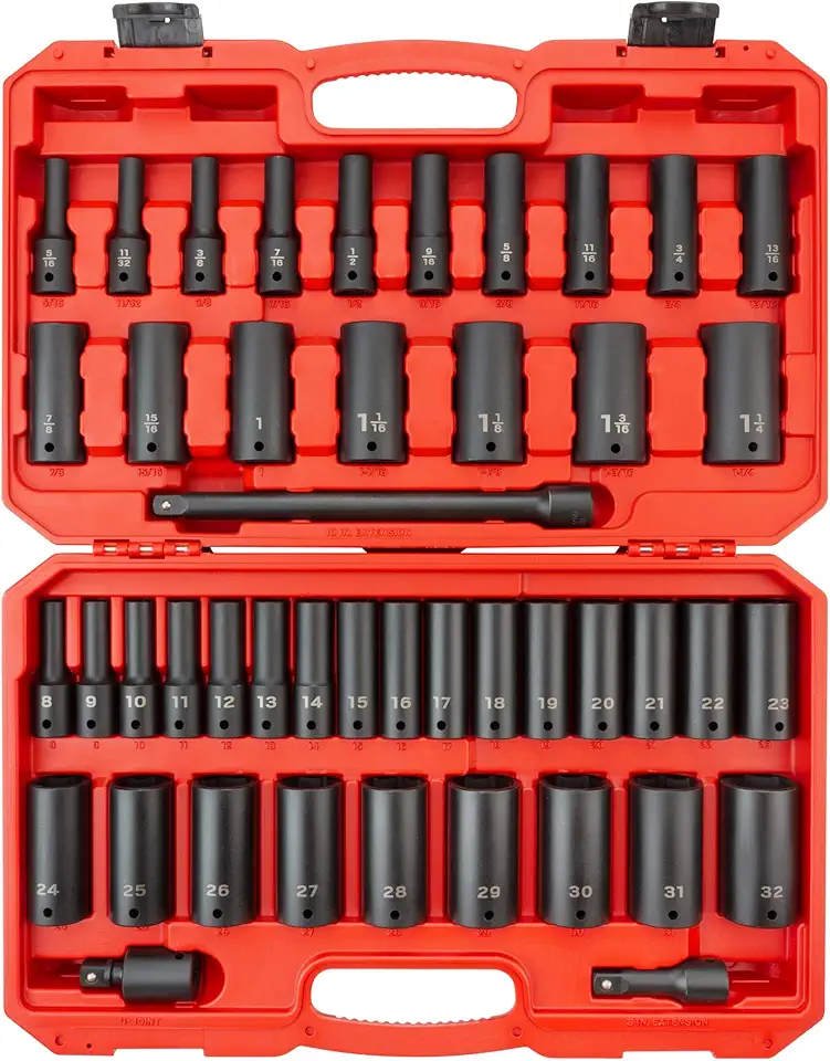 TEKTON 1/2 Inch Drive Deep 6-Point Impact Socket Set, 45-Piece (5/16-1-1/4 in., 8-32 mm) | SID92404