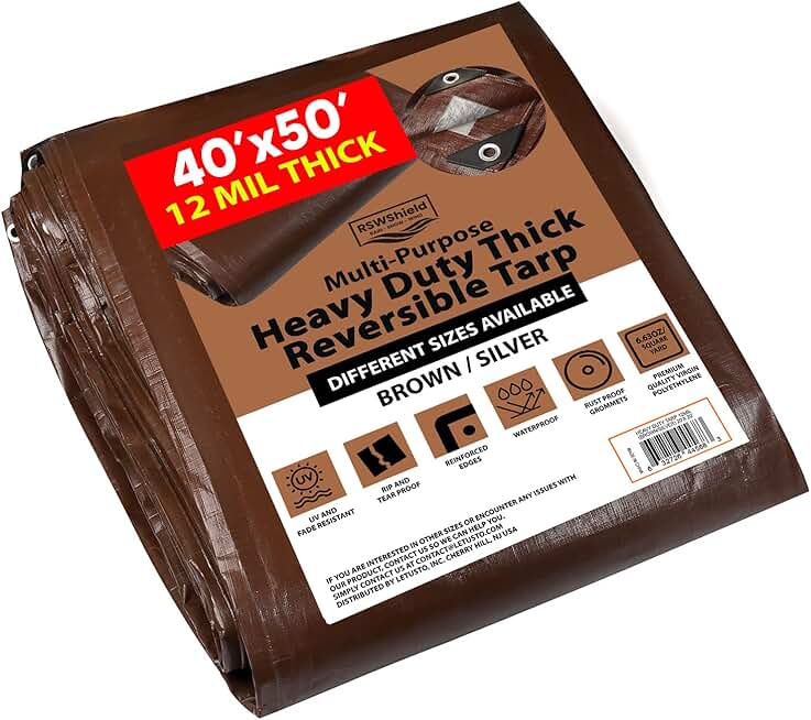 [40'X50'] RSW Heavy Duty Waterproof 12 Mil Safety Reversible Tarp Cover, UV Resistant, Rip and Tear Proof Tarpaulin with Reinforced Edges - for Roof, Camping, Patio, Pool Cover, Boat (Brown/Silver)