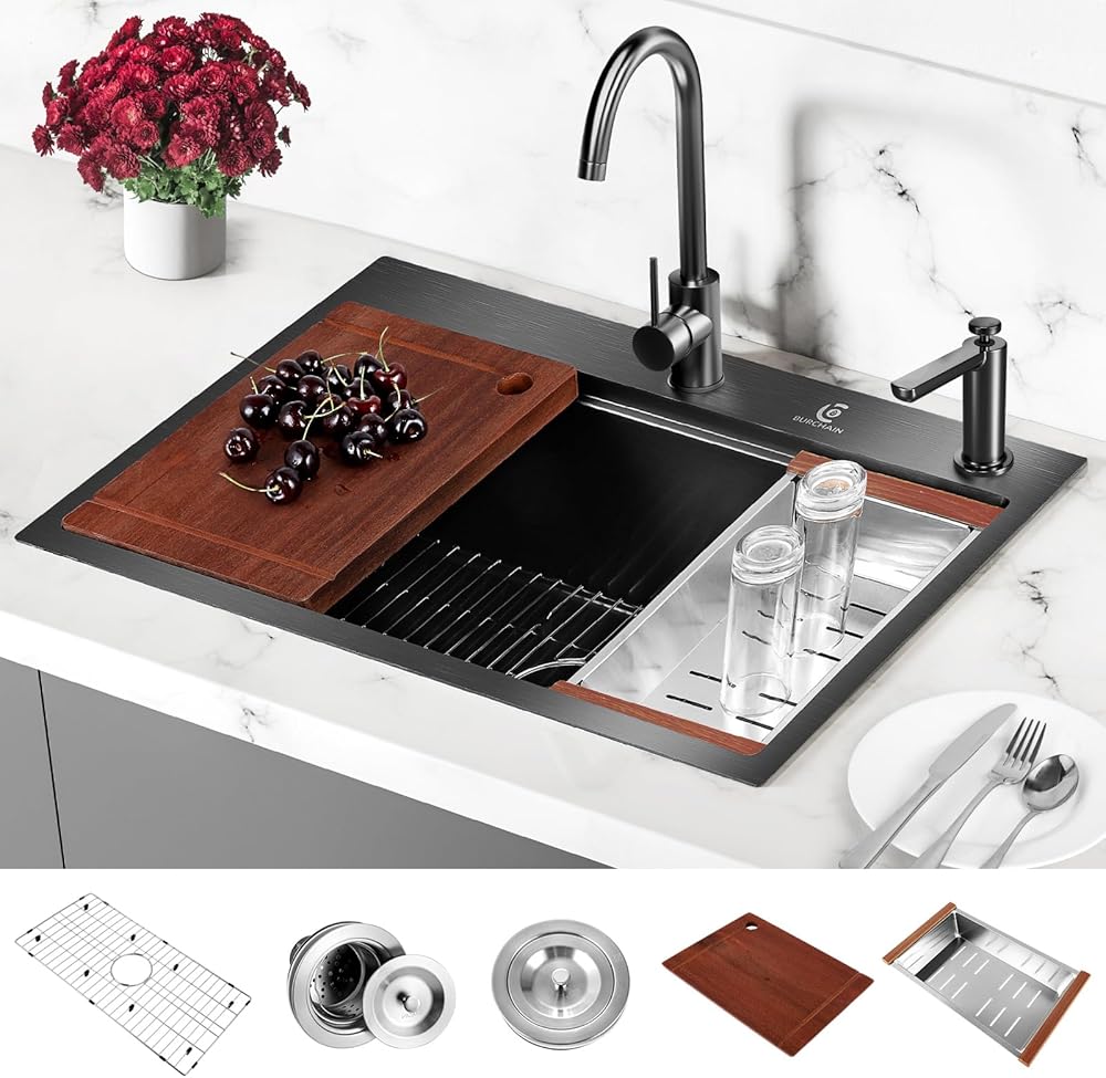 30 Inch Stainless Steel Kitchen Sink 16 Gauge Drop In Single Bowl Workstation Sink 2-Hole Top Mount Kitchen Basin with 5 Accessories (Black)