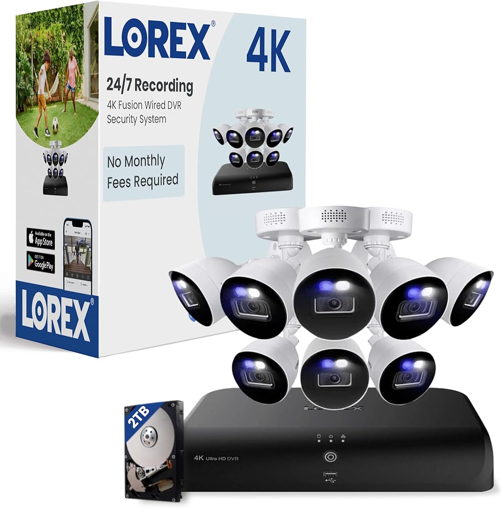 Lorex 4K 12-Channel (8 Wired & 4 Wi-Fi) Fusion 2TB Wired DVR Home Security System with 8 8MP Smart Deterrence Cameras - Remote Access, Smart Motion Detection, 1P67 Weatherproof, Color Night Vision