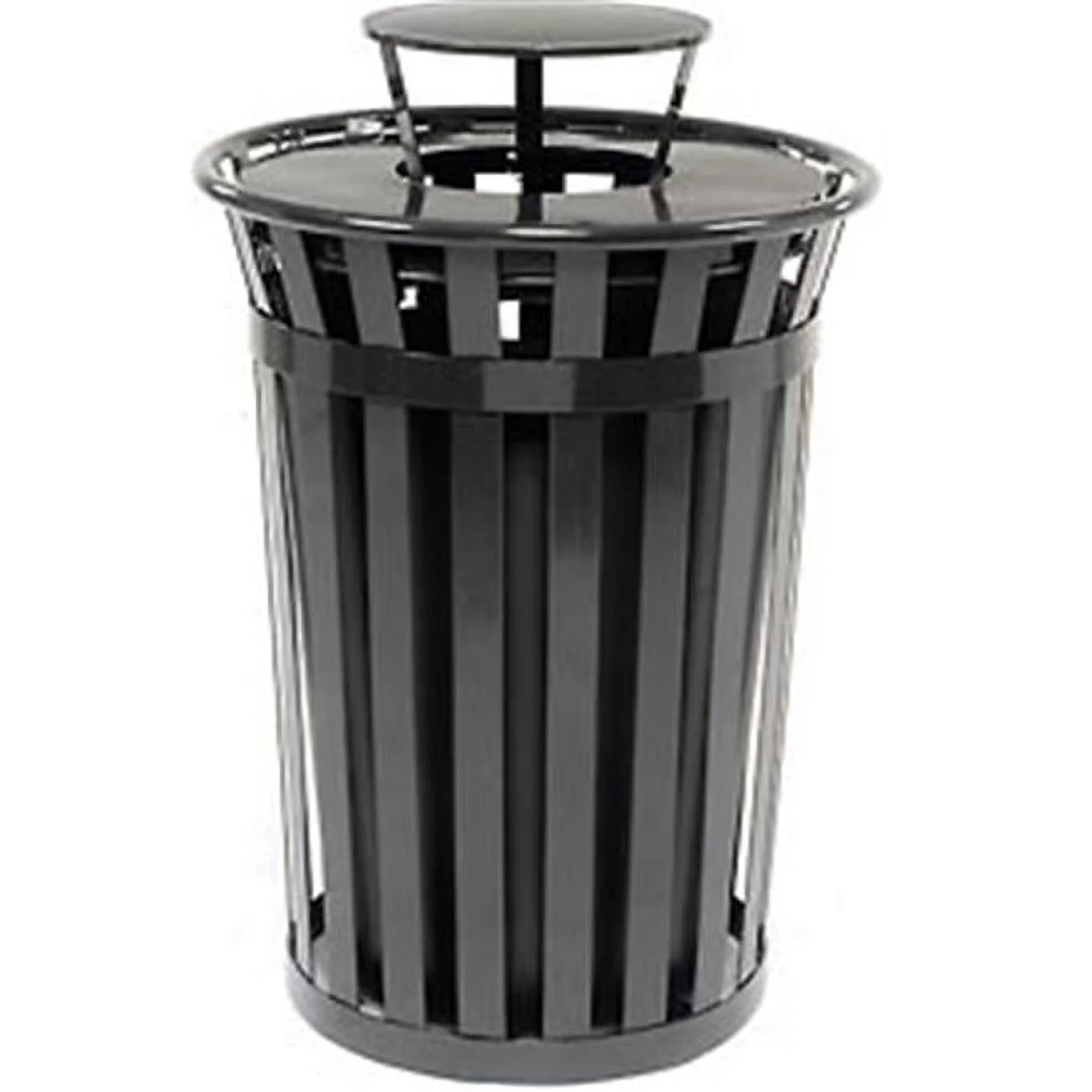 Global Industrial  36 gal Outdoor Metal Slatted Trash Receptacle with Rain Bonnet Lid - Black