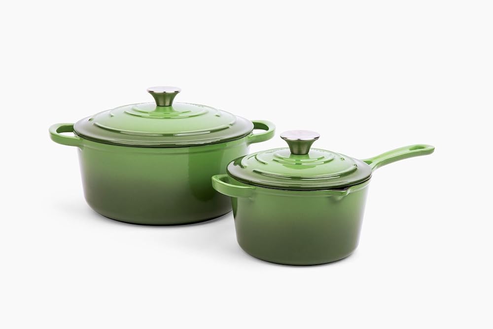 Larder & Vine 4-Piece Enameled Cast Iron Set, Oven Safe and Suitable for All Cooktops – includes 5.7 Quart Dutch Oven Pot with Lid and 2.2 Quart Saucepan with Lid (Okra)