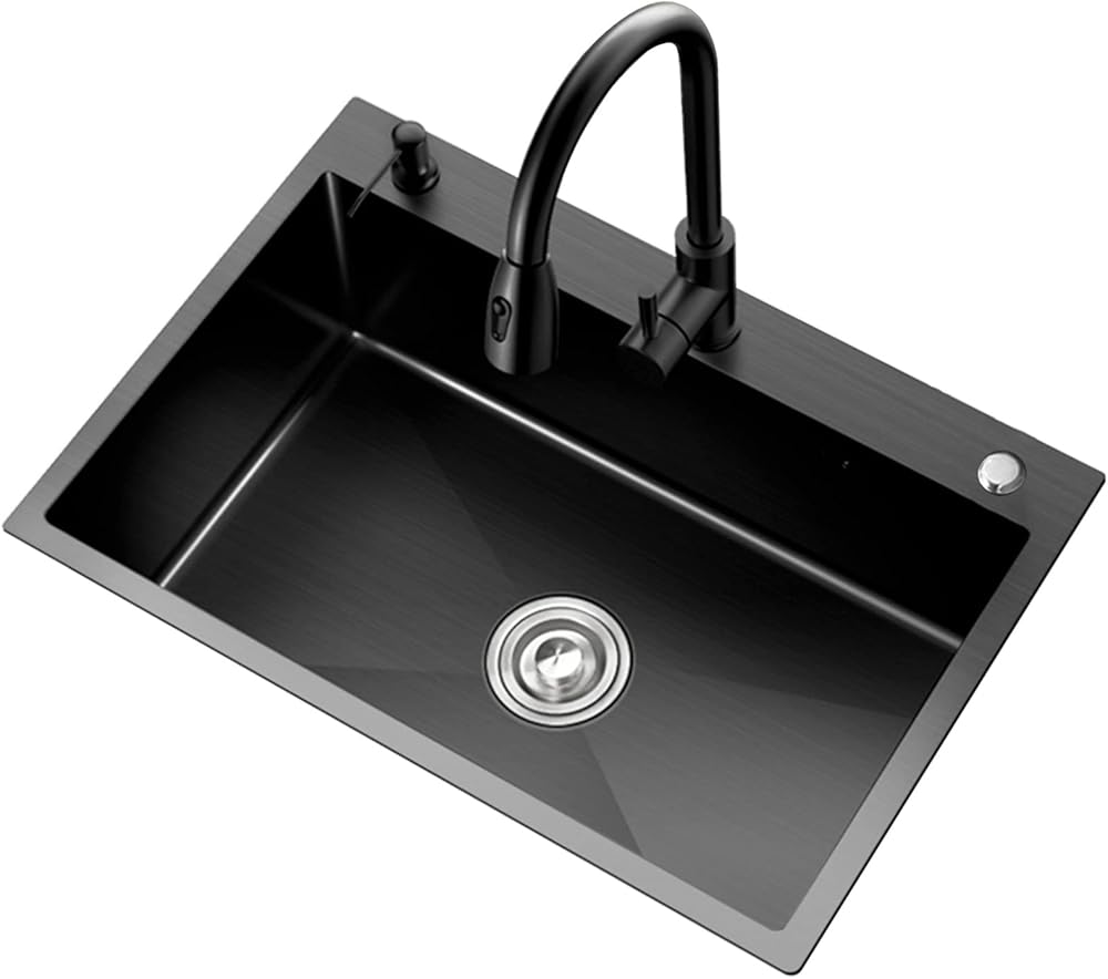 Black Multifunctional Kitchen Sink 304 Stainless Steel Bar Sink Single Bowl RV Sink with Faucet and Drainage Assembly Top Mount Or Under Mount (Color : Black, Size : 45x40x22cm)