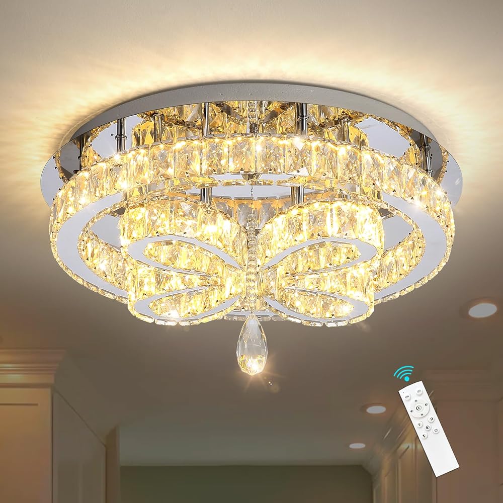 Modern Crystal Chandelier LED 2-Tier Flush Mount Ceiling Lighting Dimmable Pendant Light for Living Room Bedroom Dining Room Entryway Hallway