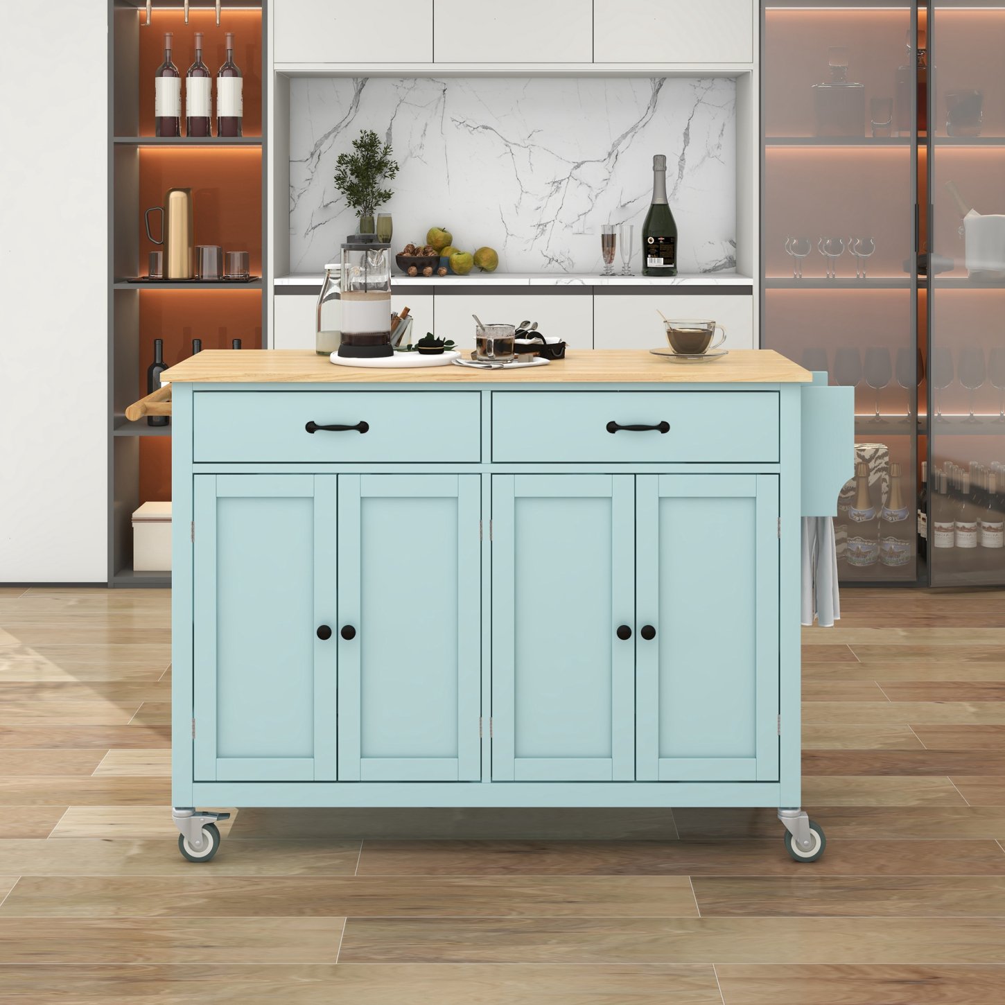 Mint Green Kitchen Island Cart with Solid Wood Top, 4-Door Cabinet, Two Drawers, and 2 Locking Wheels, Adjustable Shelves, Spice & Towel Rack, Perfect for Home Chefs and Cooking Enthusiasts