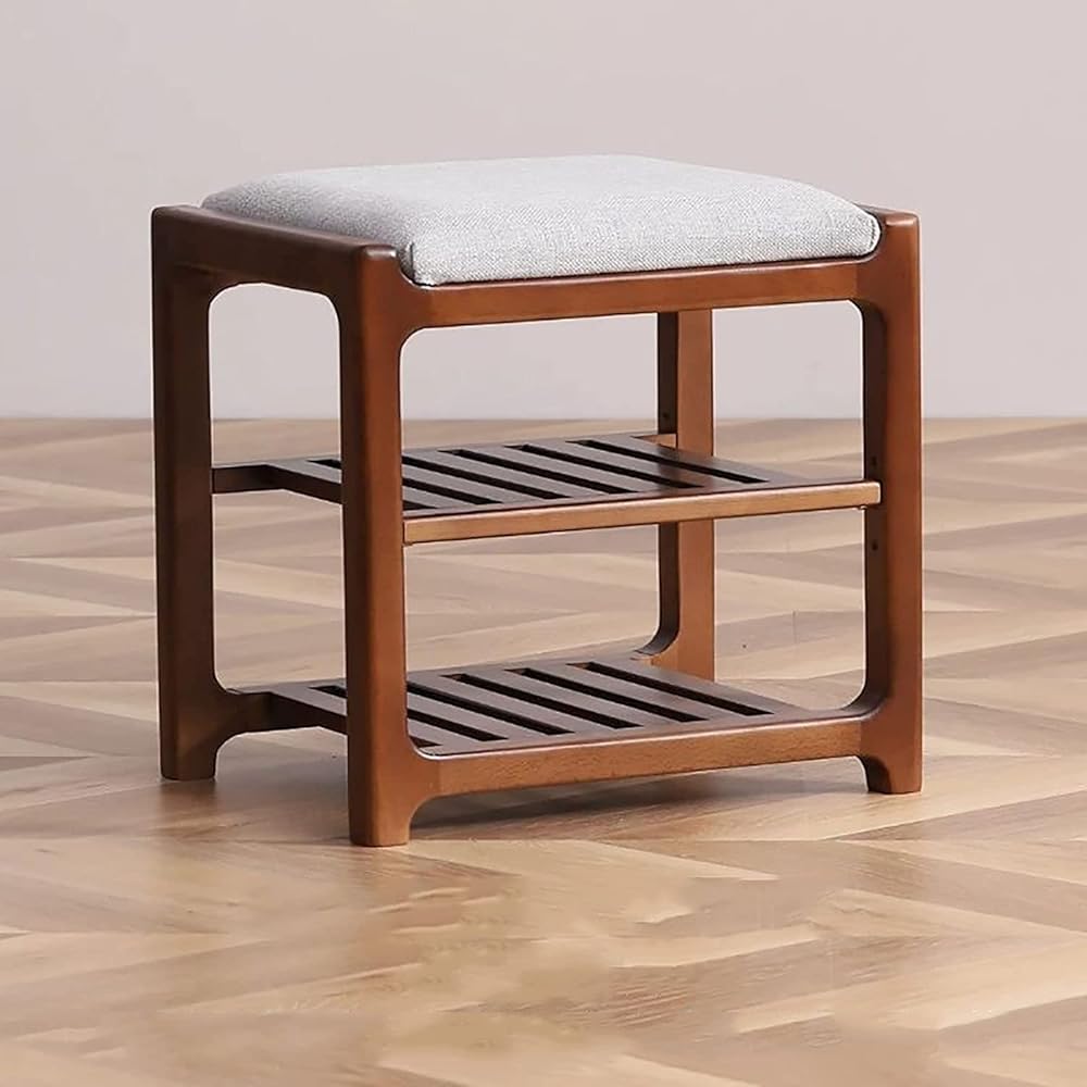 Shoe Storage Bench Entryway Hallway Furniture, 2 Tiers Entryway Shoe Bench Solid Wood Shoe Bench with Removable and Washable Stool Cover Perfect for Living Room or Hallway(Walnut Brown,45*30*42 cm)