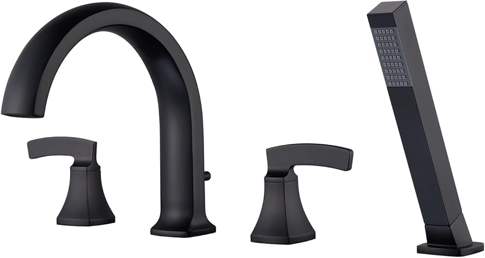 Roman Tub Faucet Deck Mount Tub Filler Black Waterfall Bathtub Faucets 4 Hole Brass Bathroom Faucets with Hand Shower