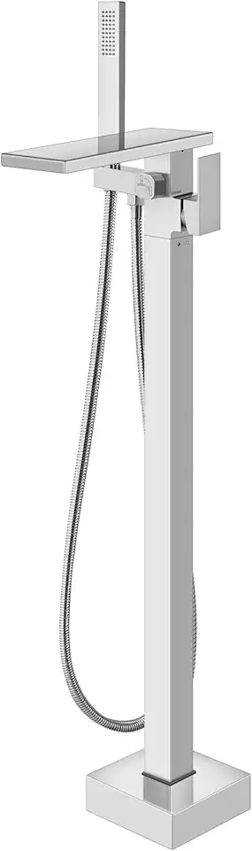 Aolemi Freestanding Bathtub Faucet Floor Mount Tub Filler with Handheld Spray Single Handle Free Standing Bathroom Faucets Swivel Flat Waterfall Spout Polish Chrome