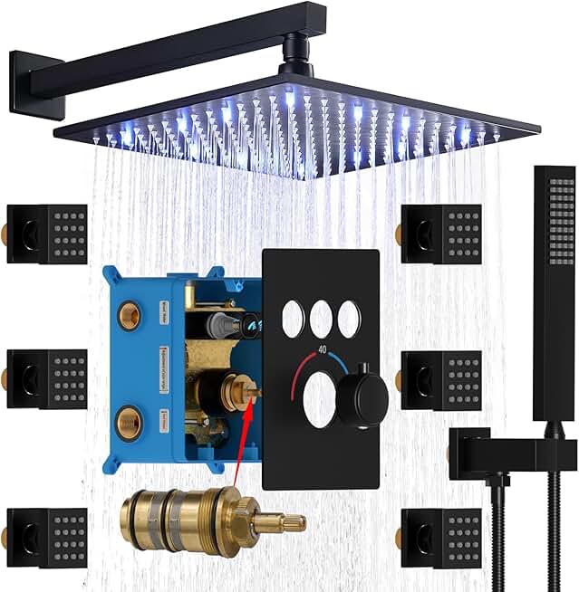 Enga Thermostatic Rain Shower System with Body Jets, 12 Inch LED Wall Mount Faucet Set with Handheld All Functions Work At Once, Matte Black