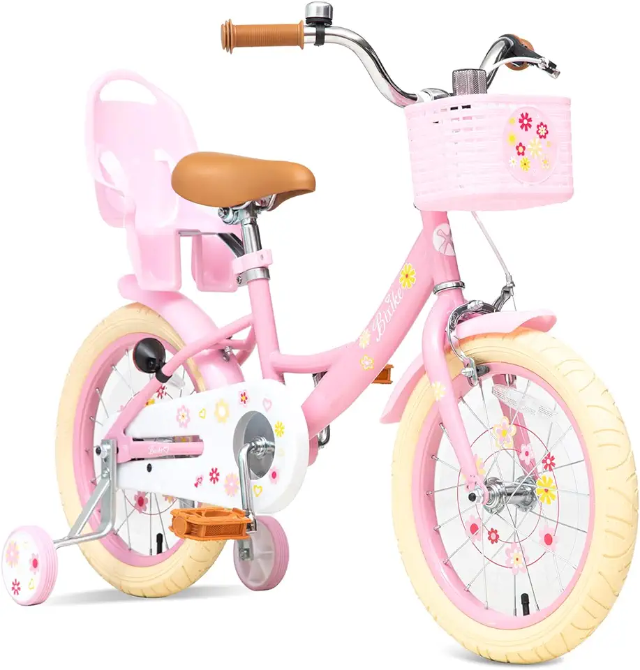 Girls Bike with Basket for Toddlers and Kids Aged 3-14 Years Old,14 16 18 Inch Kids Bike with Training Wheels,20 Inch Without Training Wheels, Princess Style Bicycle with Doll Seat & Daisy Prints
