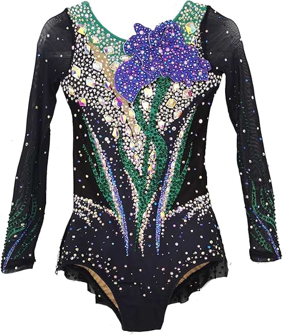 Girl's Black Green Long Sleeved Artistic Gymnastics Suit Rhythmic Gymnastics Uniform for Performance and Practice