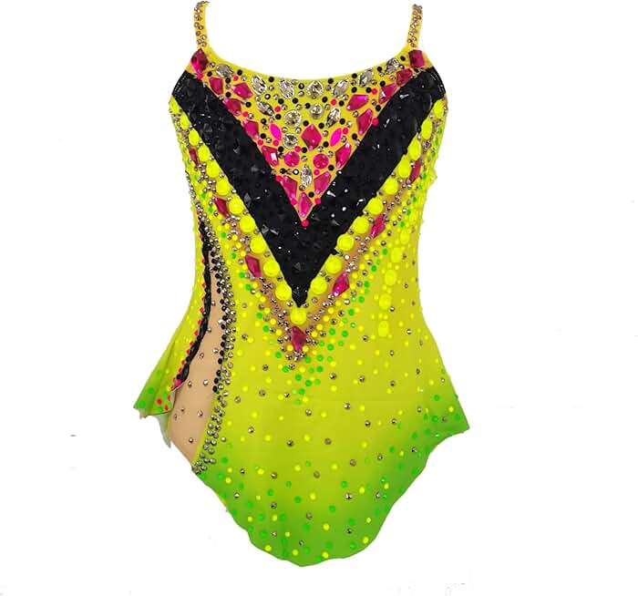 Girls Yellow Sling Artistic Gymnastics Uniform Full Diamond Decoration Professional Performance Competition Clothing