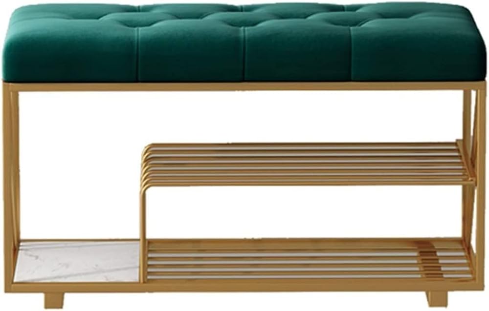 Shoe Storage Bench Entryway Hallway Furniture, Entryway Shoe Rack Modern Minimalist Wrought Iron Frame, Entrance Double-Layer Shoe Stool Frame, Shoe Cabinet with Cushion(Green,100*35*44cm)