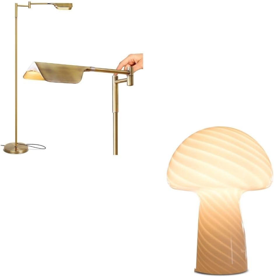 Brightech Bundle: The Leaf LED Floor Lamp Gold BUNDLED with Mushroom Textured Glass Table Lamp White