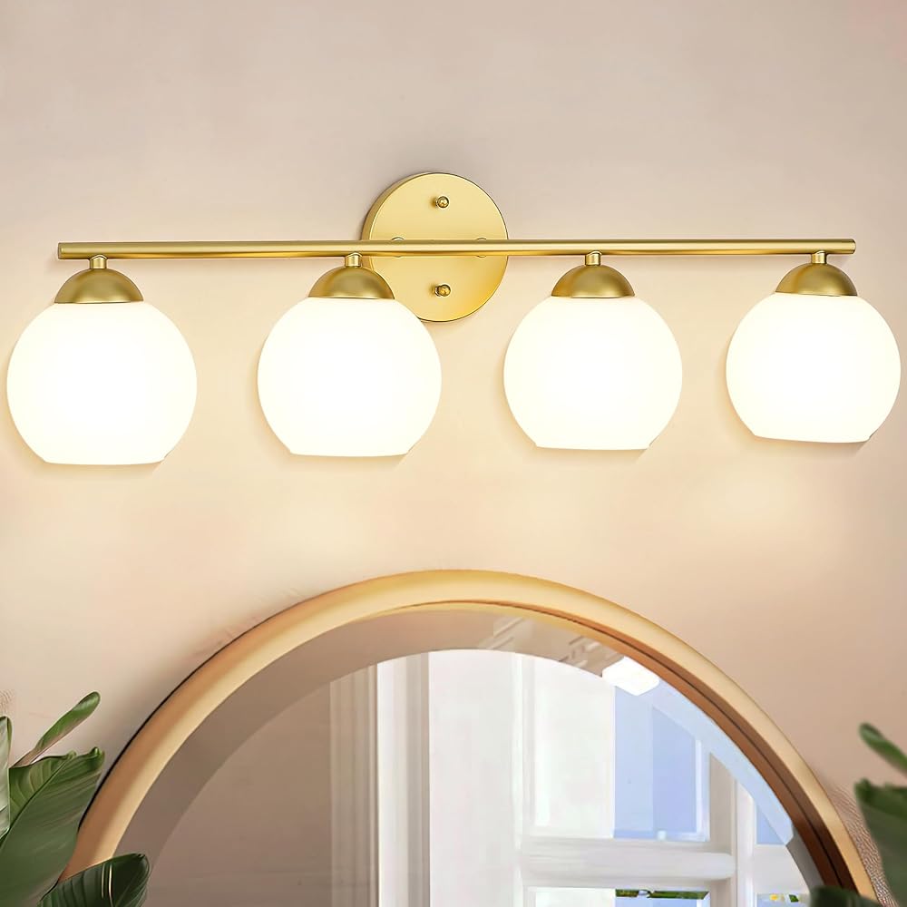 Emak Modern Gold Bathroom Light Fixtures Over Mirror, 4 Light Bathroom Vanity Light with Milk Glass Shade, 29 Inch Globe Vanity Lights for Bathroom, Mirror, VL114-GD-ML-4