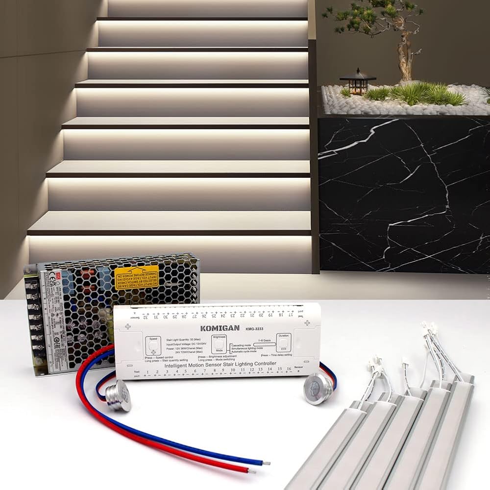 Intelligent Motion Sensor Cascading Style LED Stair Lighting Kit KMG-3233, 23.6 Inch (60 cm) Length Aluminum LED Light Bar (Cool White 6000K, 10 Stairs)