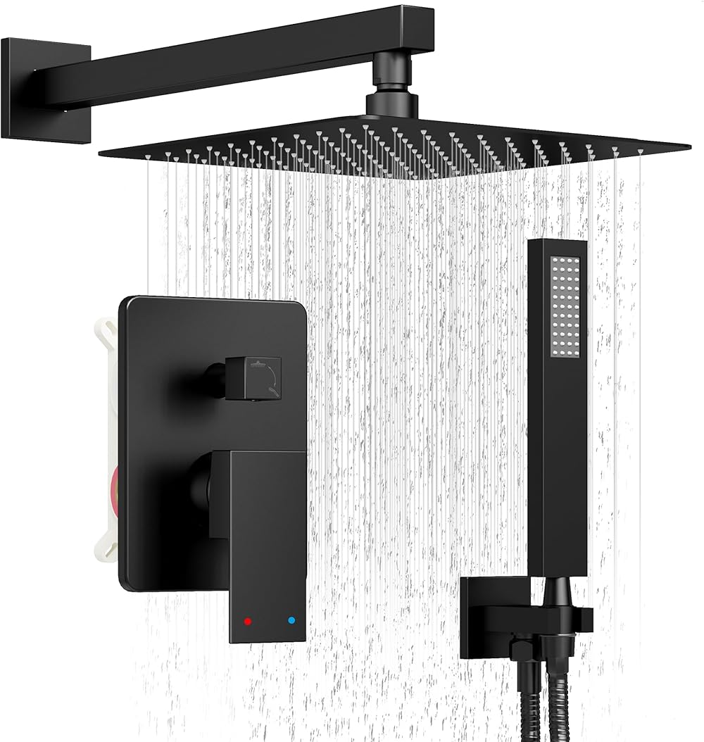 Holispa Black Shower System, Shower Faucet Set with 10-Inch Rain Shower Head and Handheld, Wall Mounted High Pressure Shower Head Set, Shower Combo Set with Shower Valve and Shower Trim, Matte Black