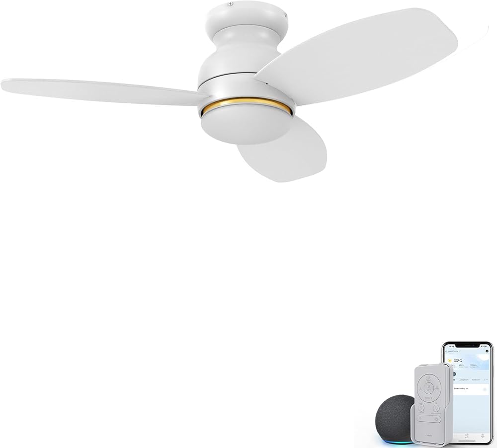 CEME 52 Inches White Smart Flush Mount Ceiling Fan with Lights, DC 10 Speeds Low Profile Ceiling Fan with Remote, 3 Light Colors Dimmable Ceiling Fan Compatible with Alexa, Siri & Google Home