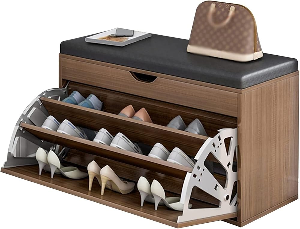 Shoe Storage Bench Entryway Hallway Furniture, Shoe Stool Storage Tipping Bucket-Shaped Vintage Frame, Creative Shoe Replacement Stool with Leather Cushion(Brown,60 * 34 * 50cm)