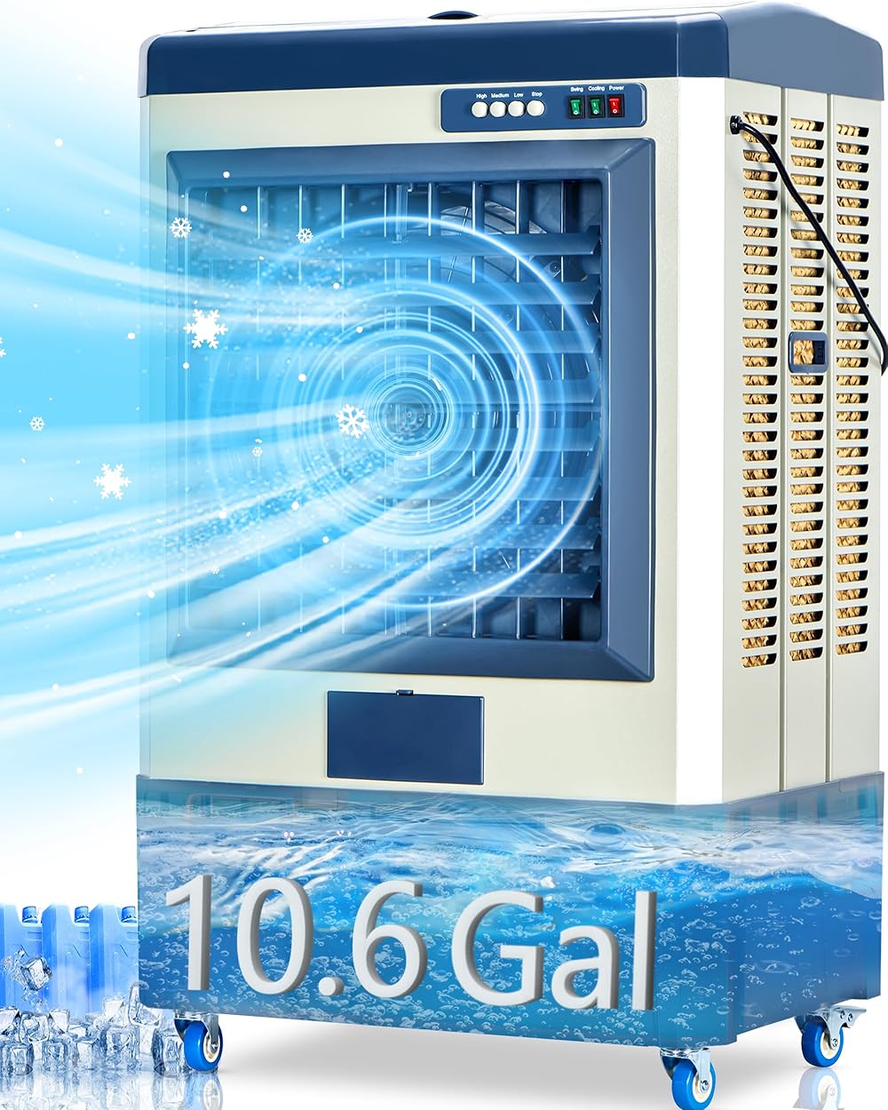 Evaporative Cooler for Outdoor Use,3531 CFM Portable Air Conditioner Swamp Cooler Cooling Fan with 3 Speeds,3 lce Box,10.6 Gallons Water Tank, 4 Universal Wheel,for Room Garage Commercial