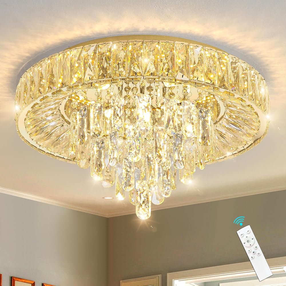 Modern Crystal Chandeliers for Dining Room LED Light Fixture Close to Ceiling Chandelier Flush Mount Ceiling Light Dimmable Lamp with Remote for Living Room Bedroom Hallway