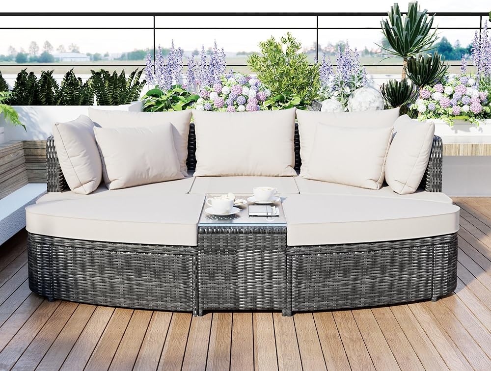 6-Piece Patio Outdoor Conversation Round Sofa Set, PE Wicker Rattan Separate Seating Group with Coffee Table, Beige