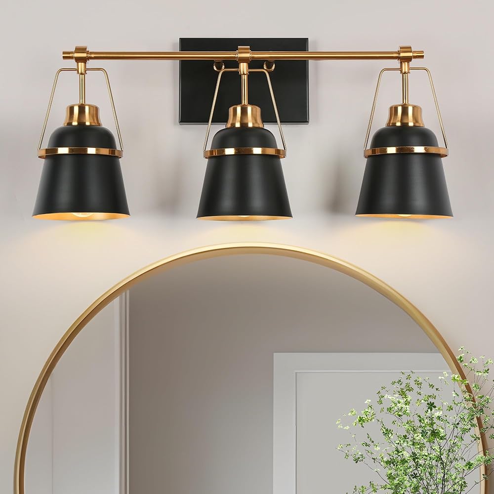 Black Gold Bathroom Light Fixtures, Modern Farmhouse Vanity Lights Over Mirror, 3 Light Copper Gold Vanity Lighting with Metal Shade and Electroplated Craft
